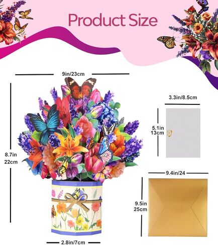 Lavender 3D Pop Up Card, Floral Greeting for Mother’s Day Birthday Anniversary Spring Get Well Sympathy, Lavender Bouquet with Butterflies for Mom, Grandma, Wife, Sister with Envelope and Note Card in Kuwait