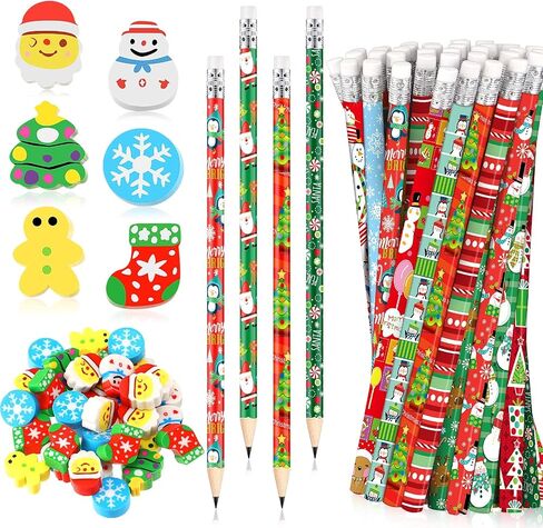 Crtiin 72 PCS عيد الميلاد أقلام محو قلم رصاص مصنع محو قلم رصاص مجموعة عيد الميلاد الحفلات لصالح الأطفال محو محو صغير الزنجبيل مان محو الجدة سانتا سنومان أقلام كرتون عيد الميلاد in Kuwait