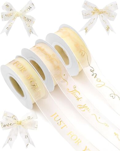 3 Rolls Gold Sheer Gift Ribbon 1 Inch X 30 Yards Organza Ribbon with Just for You Thank You and Love You Lettering Design Valentines Ribbon for Wedding Birthday Christmas Gift Wrapping in Saudi Arabia