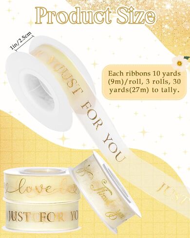 3 Rolls Gold Sheer Gift Ribbon 1 Inch X 30 Yards Organza Ribbon with Just for You Thank You and Love You Lettering Design Valentines Ribbon for Wedding Birthday Christmas Gift Wrapping in Saudi Arabia