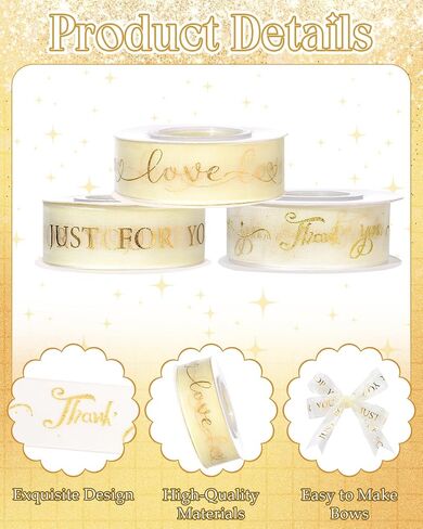 3 Rolls Gold Sheer Gift Ribbon 1 Inch X 30 Yards Organza Ribbon with Just for You Thank You and Love You Lettering Design Valentines Ribbon for Wedding Birthday Christmas Gift Wrapping in Saudi Arabia