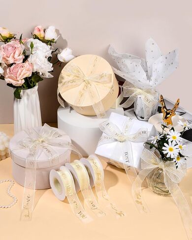 3 Rolls Gold Sheer Gift Ribbon 1 Inch X 30 Yards Organza Ribbon with Just for You Thank You and Love You Lettering Design Valentines Ribbon for Wedding Birthday Christmas Gift Wrapping in Saudi Arabia