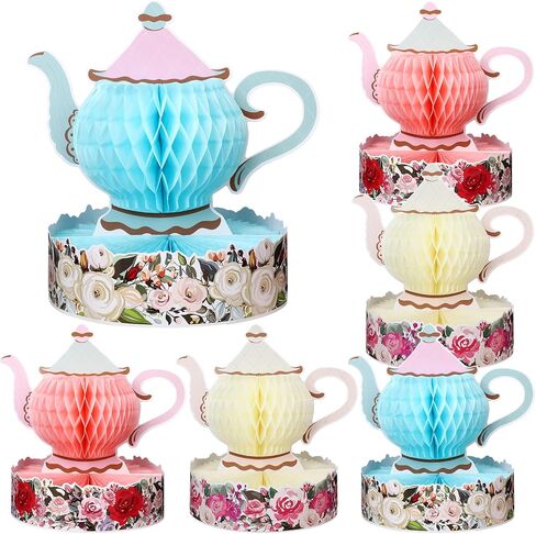 Wettarn 6 Pcs Floral Tea Party Decorations Princess Party Tea Honeycomb Tea Party Centerpieces for Tables Spring Summer Birthday Decors 3D Vintage Teapot Vase Decors for Wedding Girls Women (Floral) in Saudi Arabia