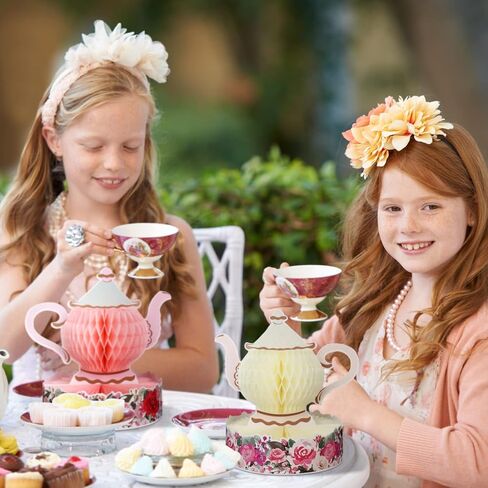 Wettarn 6 Pcs Floral Tea Party Decorations Princess Party Tea Honeycomb Tea Party Centerpieces for Tables Spring Summer Birthday Decors 3D Vintage Teapot Vase Decors for Wedding Girls Women (Floral) in Saudi Arabia