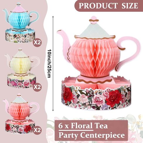 Wettarn 6 Pcs Floral Tea Party Decorations Princess Party Tea Honeycomb Tea Party Centerpieces for Tables Spring Summer Birthday Decors 3D Vintage Teapot Vase Decors for Wedding Girls Women (Floral) in Saudi Arabia