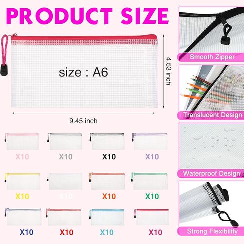 Sherr 120 Pcs Mesh Zipper Pouch Bulk Small Pencil Bags Waterproof Mesh Bags with Zipper PVC Document Pouch Multipurpose Document Bill File Bags for School Office Travel(Multicolor) in Kuwait
