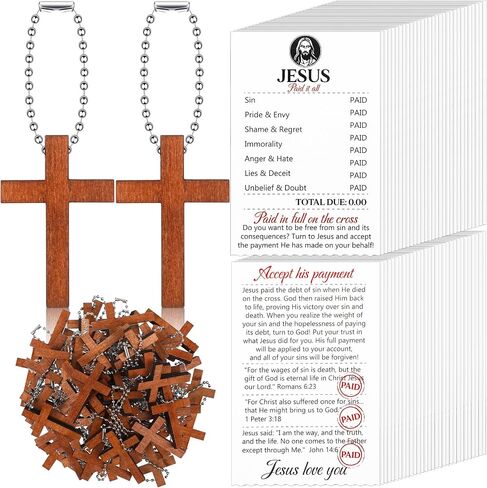 Blulu 30 Sets Gospel Tract Cards with Mini Wooden Cross Keychains Bulk Jesus Bible Salvation Pocket Postcards Religious Small Charms Christian Bookmarks Easter Church Supplies(Jesus Paid It All) in Saudi Arabia