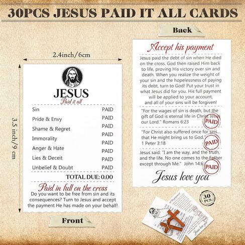 Blulu 30 Sets Gospel Tract Cards with Mini Wooden Cross Keychains Bulk Jesus Bible Salvation Pocket Postcards Religious Small Charms Christian Bookmarks Easter Church Supplies(Jesus Paid It All) in Saudi Arabia