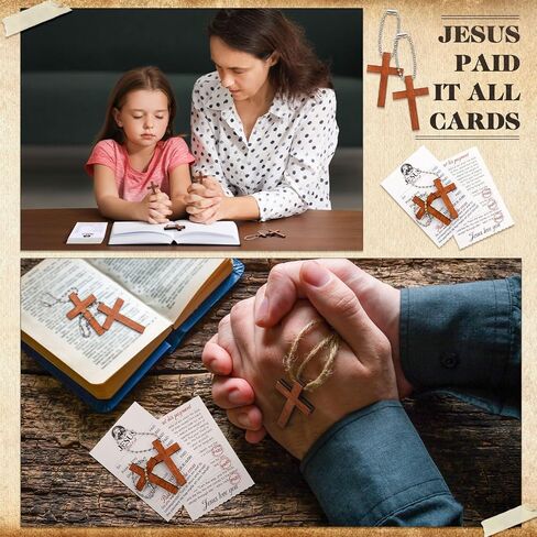 Blulu 30 Sets Gospel Tract Cards with Mini Wooden Cross Keychains Bulk Jesus Bible Salvation Pocket Postcards Religious Small Charms Christian Bookmarks Easter Church Supplies(Jesus Paid It All) in Saudi Arabia