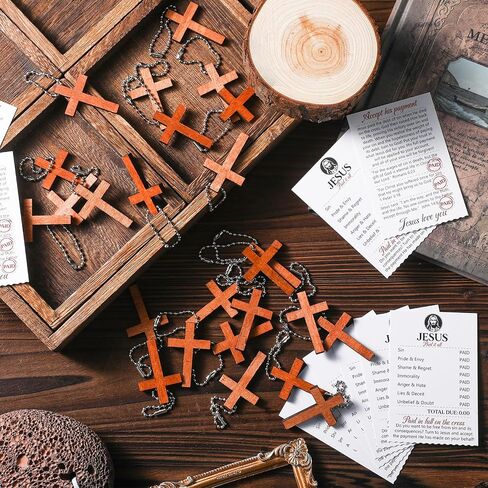 Blulu 30 Sets Gospel Tract Cards with Mini Wooden Cross Keychains Bulk Jesus Bible Salvation Pocket Postcards Religious Small Charms Christian Bookmarks Easter Church Supplies(Jesus Paid It All) in Saudi Arabia