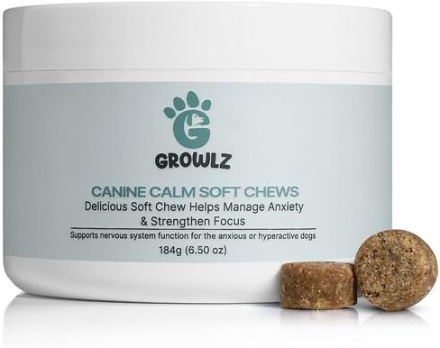 Growlz Dog Calming Chews: Anxiety Relief & Travel Treats - K9 Soothing Soft Chews to Promote Relaxation for Crate, Sleep, & Grooming - USA Made with Human Grade Ingredients 90 Count in Saudi Arabia