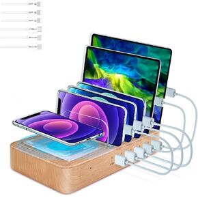 Fastest Charging Station for Multiple Devices,5 USB Ports with 1 Qi Charging Pad,6 Mixed Cable Included, for Apple/AirPods/iPad/Samsung/Android/Tablet, Christmas for Lovers