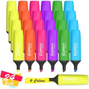Comix Highlighter, Chisel Tip, with Large Ink Reservoir for Extra Long Usage, 6 Assorted Colors, 24 Count in Kuwait