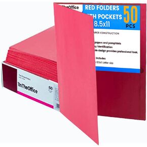 1InTheOffice Pocket Portfolio, Embossed Pocket Paper Folder, 11 x 8.5, Red, 25 Pack
