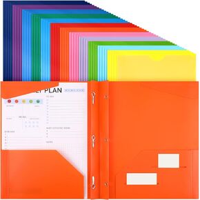 Tenceur 48 Pack Plastic Folders with 3 Prongs Bulk Heavy Duty Folders with Clear Front Pockets and Card Slots Folders with Fasteners Fit Letter-Size Papers for Work School Office(Blue)
