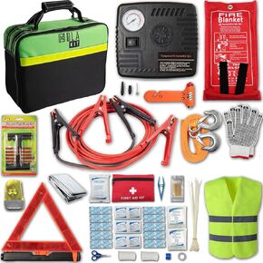 78-Piece Car Emergency Kit - Comprehensive Roadside Assistance Kit with Jumper Cables, Portable Air Compressor, Tow Straps, First Aid Kit, and Essential Safety Tools for Men and Women