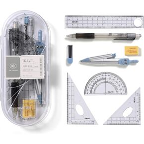 Compass Set for Geometry Math Geometry Kit 8 Pieces - Student Supplies Drawing Compass, Protractor, Rulers, Pencil Lead Refills, Pencil, Eraser for Students and Engineering Drawing