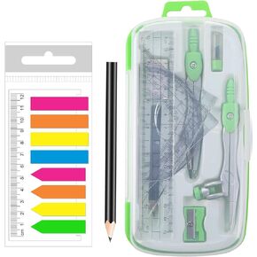 Geometry Compass Kit Starter Maths Set with 2 Drafting Compasses Protractor Set Squares Ruler and More for Students Maths Study, Green