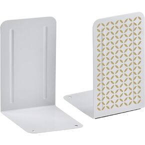 Acrimet Metal Bookends Design Series (Heavy Duty) (White Bookend with Gold Design) (1 Pair Pack)