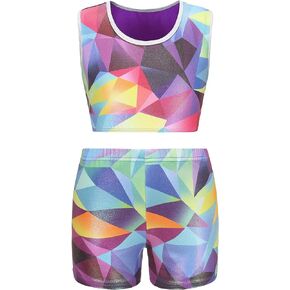 FEOYA Girls 2 Piece Gymnastics Dance Outfit Kids Ballet Active Set Crop Tank Top with Booty Shorts Sports Dancewear