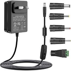 Gonine 12V 2A DC Power Supply Charger Cord, 100V - 240V AC to DC 12 Volt Power Adapter for 12Vdc 2000mA 1500mA 1000mA 500mA Transformer with 5 Tips.
