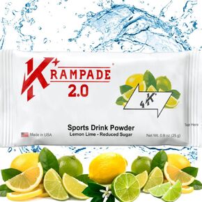 2.0 4K Half Sugar - 60 mg Magnesium + 4000 mg Potassiumm Instant Cramp Relief Electrolyte Drink Powder | Stop Cramps + Hydration | 20 Single Serving Packets (Lemon Lime)