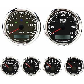 MOTOR METER RACING Classic 6 Gauge Set with Mechanical Speedometer Analog Odometer White Dial Black Needle Light Bulb Illumination 85mm 3-3/8" & 52mm 2-1/16"