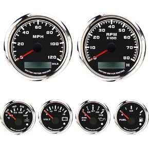 MOTOR METER RACING Classic 6 Gauge Set with Mechanical Speedometer Analog Odometer White Dial Black Needle Light Bulb Illumination 85mm 3-3/8" & 52mm 2-1/16"