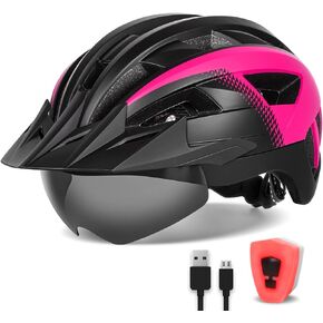 Adult Bike Helmet with Visor and Goggles for Men Women Mountain Road Bicycle Helmet Rechargeable Rear Light Cycling Helmet