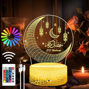 Ramadan Mubarak Decorations, Ramadan LED Night Light with Remote 16 Color Flashing, Eid al-Fitr Mubarak 3D Star Moon Lights for Bedroom Ramadan Gifts for Islamic Holiday Believers Muslims Home Decor