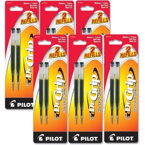 Pilot Dr. Grip Center of Gravity Ballpoint Pen Refills, Medium Point, Black Ink, 6 Packs of 2 Refills (12 Refills Total)