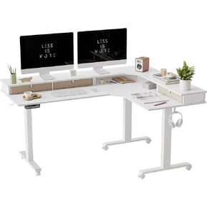 FEZIBO Triple Motor L-Shaped Electric Standing Desk, 63 Inches Height Adjustable Stand up Corner Desk, Sit Stand Workstation with Splice Board, Black Frame/Black Top
