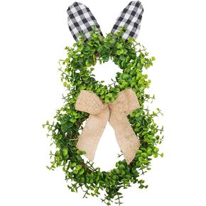 VGIA 16 Inch Artificial Easter Wreath Bunny Wreath Door Wreath with Burlap Bow for Home and Wall Decorations with Green Leaves for Spring Decorations