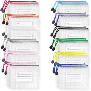 24pcs Small Mesh Zipper Pouch 6.3x4.9 Inches Waterproof Zip Mesh Bags with Label Pocket for School Office Supplies & Cosmetics Travel Accessories