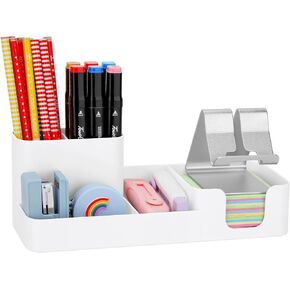 LETURE Pen Holder for Desk, Desktop Organizer with Mobile phone holder/Pencil Holders/Sticky Note Tray/Paperclip Storage and Office Stationery Accessories Caddy for Office Home School (White)