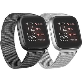 2 Pack Metal Bands for Fitbit Versa/Fitbit Versa 2 / Fitbit Versa Lite for Women Men, Stainless Steel Mesh Breathable Wristband Strap with Adjustable Magnet Lock