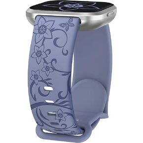 W-RARA Floral Engraved Watch Band Compatible with Fitbit Versa 2/Versa/Versa Lite/Versa SE, Soft Silicone Cute Wildflowers Butterflies Sport Laser Watch Strap Replacement Wristband for Women