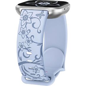W-RARA Floral Engraved Watch Band Compatible with Fitbit Versa 2/Versa/Versa Lite/Versa SE, Soft Silicone Cute Wildflowers Butterflies Sport Laser Watch Strap Replacement Wristband for Women