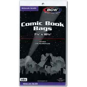 BCW Comic Bags, Silver 7 1/8" X10 1/2" + 1 1/2" Flap 2 mil Polypropylene (100 ct)