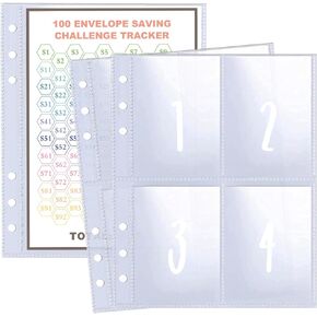 3 Pocket 100 Envelope Money Saving Challenge Binder Sleeves &1~100 Numbers Mark Labels, Fit for 2/3/4 Ring A4 Binder, 7.7x3.5" Money Pocket Refill Pages,Side Loading Currency Pages 30 Pack 180 Pockets