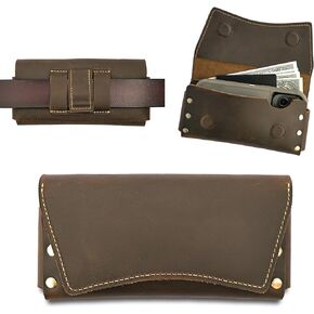 Leather Phone Holster with Cell Phone case for iPhone Phone 15,15 Pro, 14,14 Pro, Galaxy S23, Two Pockets Cellphone Holster, Leather Card Holder for Cash and Cards, Magnetic Closure
