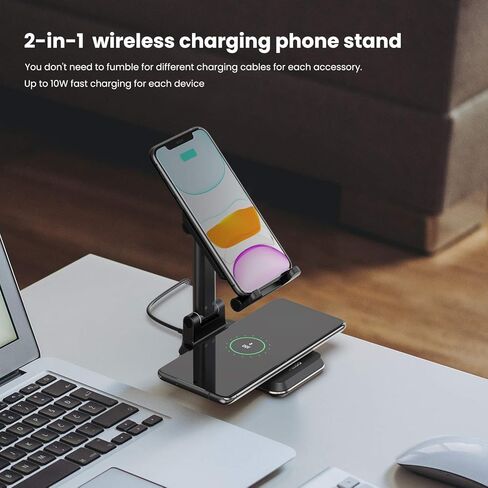 2 in 1 Wireless Charger, Dual Wireless Charging Desk Phone Stand, 10W Qi Fast-Charging Dock for iPhone 12/11/MAX/XS/XR/X/8,AirPods/Pro,Samsung Galaxy S21/S20/S10/S9 in Kuwait