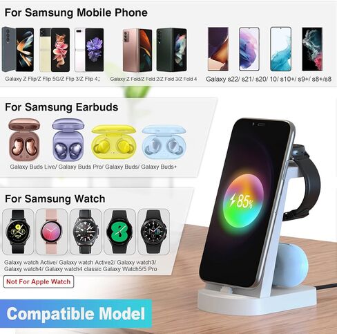 قاعدة شحن لأجهزة سامسونج المتعددة، حامل شحن سريع 3 في 1 شاحن USB-C لهاتف Galaxy S23/S22/S21/S20/S10/Note20/Note10/Z Flip 4/Z Fold 4، Galaxy Watch 5/5 Pro/4/ 3/أكتيف/جالكسي براعم in Kuwait