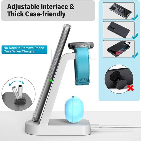 قاعدة شحن لأجهزة سامسونج المتعددة، حامل شحن سريع 3 في 1 شاحن USB-C لهاتف Galaxy S23/S22/S21/S20/S10/Note20/Note10/Z Flip 4/Z Fold 4، Galaxy Watch 5/5 Pro/4/ 3/أكتيف/جالكسي براعم in Kuwait