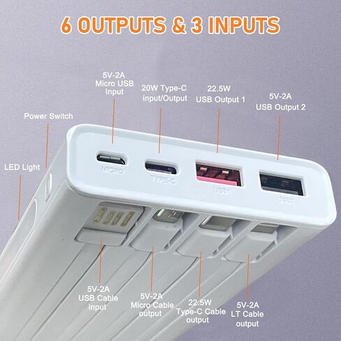 Portable Charger with Built in Cables,10000mAh Power Bank with LED Lamp 22.5W Fast Charging USB C External Battery Pack Phone Charger with LED Display for iPhone, Samsung and Cell Phones (Black) in Saudi Arabia