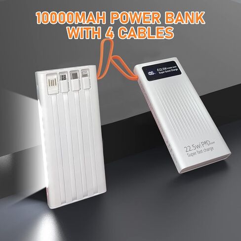 Portable Charger with Built in Cables,10000mAh Power Bank with LED Lamp 22.5W Fast Charging USB C External Battery Pack Phone Charger with LED Display for iPhone, Samsung and Cell Phones (Black) in Saudi Arabia