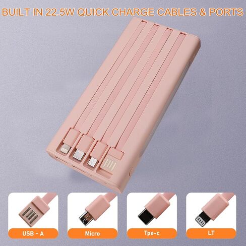 Portable Charger with Built in Cables,10000mAh Power Bank with LED Lamp 22.5W Fast Charging USB C External Battery Pack Phone Charger with LED Display for iPhone, Samsung and Cell Phones (Black) in Saudi Arabia