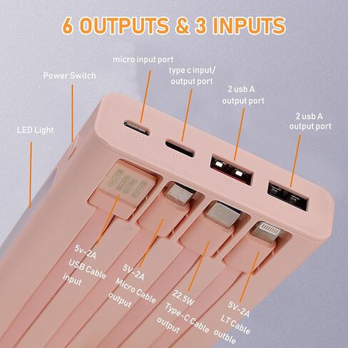 Portable Charger with Built in Cables,10000mAh Power Bank with LED Lamp 22.5W Fast Charging USB C External Battery Pack Phone Charger with LED Display for iPhone, Samsung and Cell Phones (Black) in Saudi Arabia