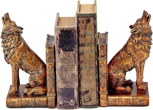 Bellaa 26362 Decorative Bookends Howling Wolf Animal Cabin Farmhouse Vintage Bookshelf Home Decor Tabletop Shelves Nonskid Heavy Book Stoppers 9 inch in Saudi Arabia