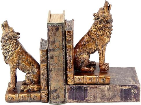Bellaa 26362 Decorative Bookends Howling Wolf Animal Cabin Farmhouse Vintage Bookshelf Home Decor Tabletop Shelves Nonskid Heavy Book Stoppers 9 inch in Saudi Arabia